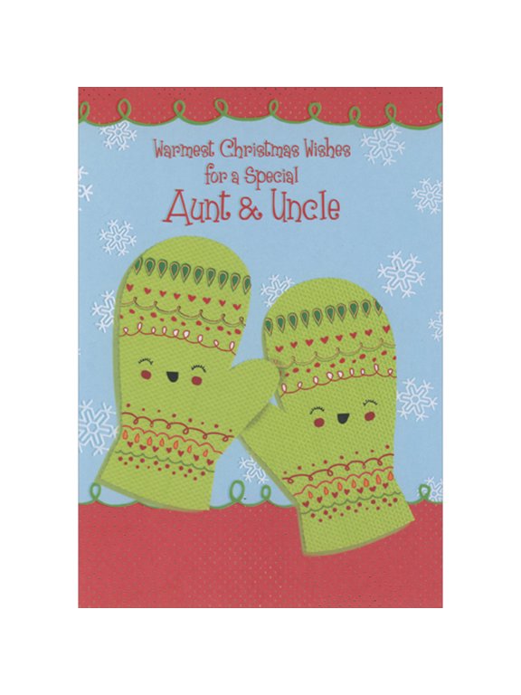 Designer Greetings Cute Smiling Green Mittens and Snowflakes on Blue Juvenile Christmas Card for Aunt and Uncle