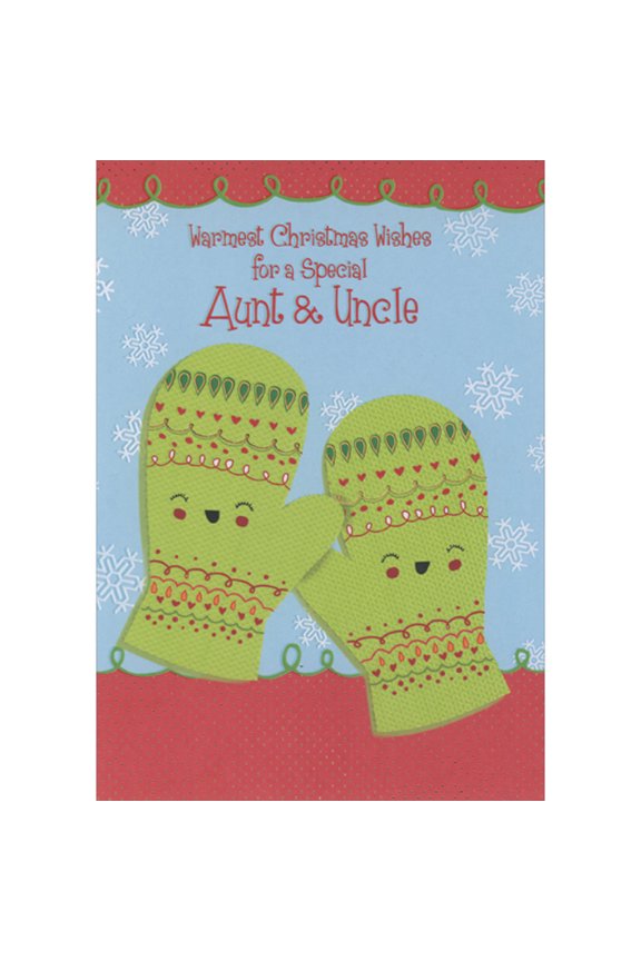 Cute Smiling Green Mittens and Snowflakes on Blue Juvenile Christmas Card for Aunt and Uncle