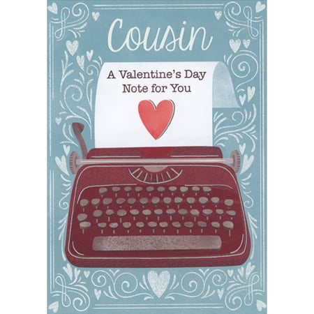 Designer Greetings Dark Red Typewriter on Blue with White Hearts and Swirls Valentine's Day Card for Cousin