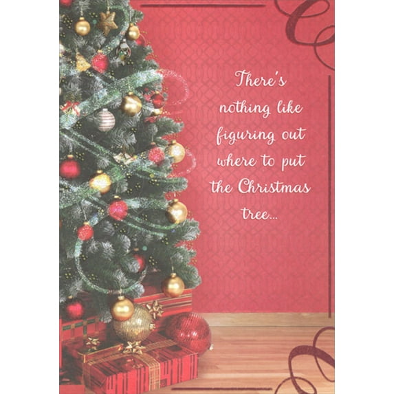 Designer Greetings Decorated Tree on Dark Red : Where To Put the Christmas Tree New Home Congratulations Christmas Card