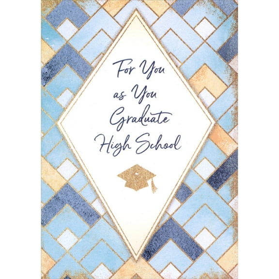 Designer Greetings Diamond Shaped Banner Over Blue, White and Earthtone Shapes Masculine High School Graduation Congratulations Card for Him : Young Man