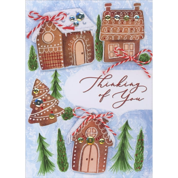 Designer Greetings Die Cut 3D Gingerbread Houses with Red and White String, Glitter and Sequins Hand Decorated Christmas Card