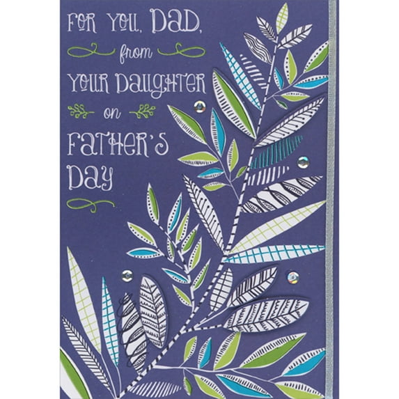 Designer Greetings Die Cut 3D Purple and Foil Leaves on White Stem, Sequins on Purple Background Hand Decorated Father's Day Card for Dad from Daughter