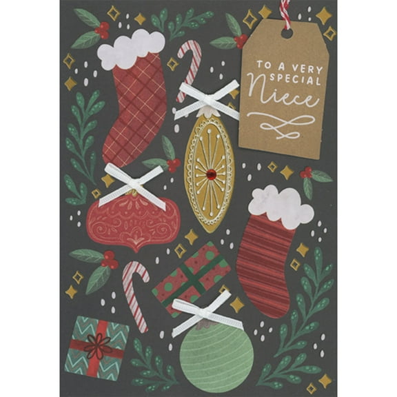 Designer Greetings Die Cut 3D Tag, Red and White String, White Bows, Stockings, Gifts and Ornaments Hand Decorated Christmas Card for Niece