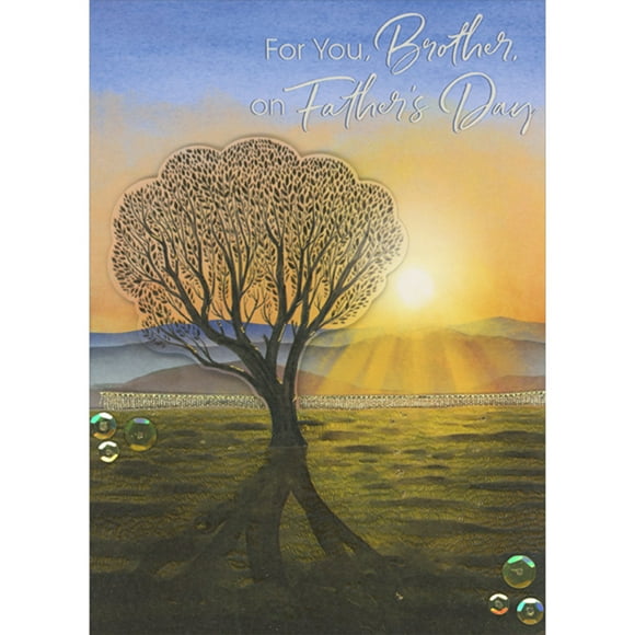Designer Greetings Die Cut 3D Tree, Gold Ribbon and Sequins on Sunrise over Hills Hand Decorated Father's Day Card for Brother