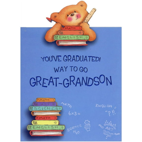Designer Greetings Die Cut Teddy Bear with Stack of Books Juvenile / Kids Top Fold Graduation Congratulations Card for Great-Grandson