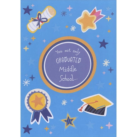 Designer Greetings Diploma, Star, Cap and Ribbon Award on Starry Blue Background Middle School Graduation Card
