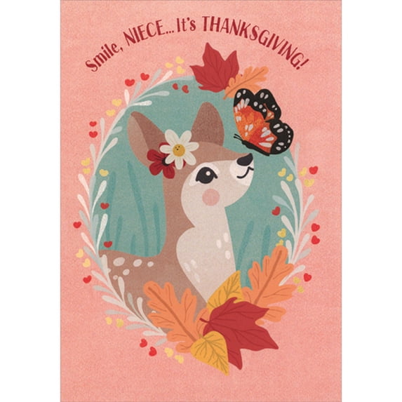 Designer Greetings Doe with Flowers Behind Ear and Butterfly Juvenile Thanksgiving Card for Young Niece