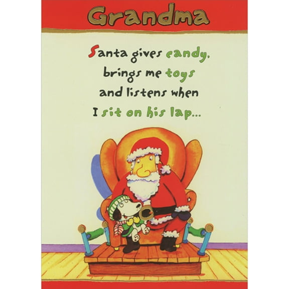 Designer Greetings Dog Wearing Green Coat and Hat and Sitting in Santa's Lap Funny Juvenile Christmas Card for Grandma