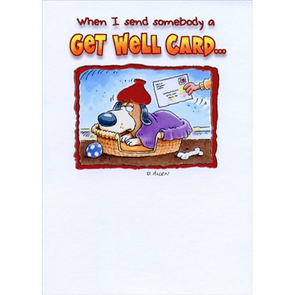 Designer Greetings Dog with Red Foil Water Bottle on Head Funny / Humorous Get Well Card