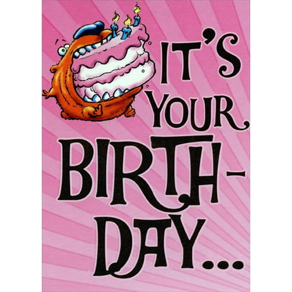 Designer Greetings Dog with Whole Cake in Mouth Funny / Humorous Birthday Card