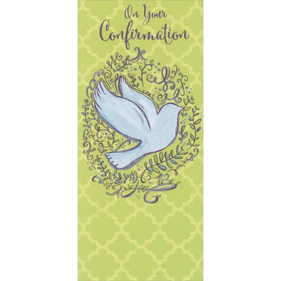 Designer Greetings Dove Inside Swirling Vines on Green and Yellow Lattice Pattern Money Holder / Gift Card Holder Confirmation Card