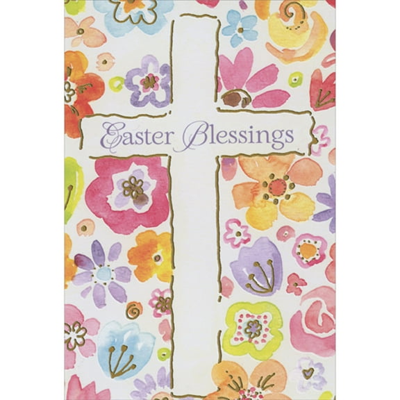 Designer Greetings Easter Blessings: White Cross with Squigly Line Border and Colorful Flowers Package of 8 Deluxe Religious Easter Cards