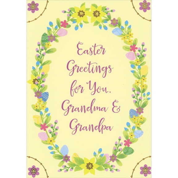 Designer Greetings Easter Greetings: Oval Wreath of Flowers and Purple Flowers in Corners Easter Card for Grandma and Grandpa