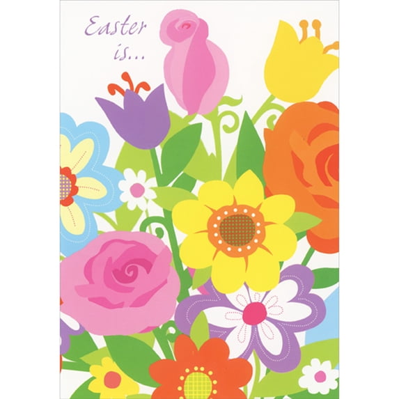 Designer Greetings Easter Is: Simply Drawn Colorful Pink, Purple, Orange and Yellow Flowers Easter Card