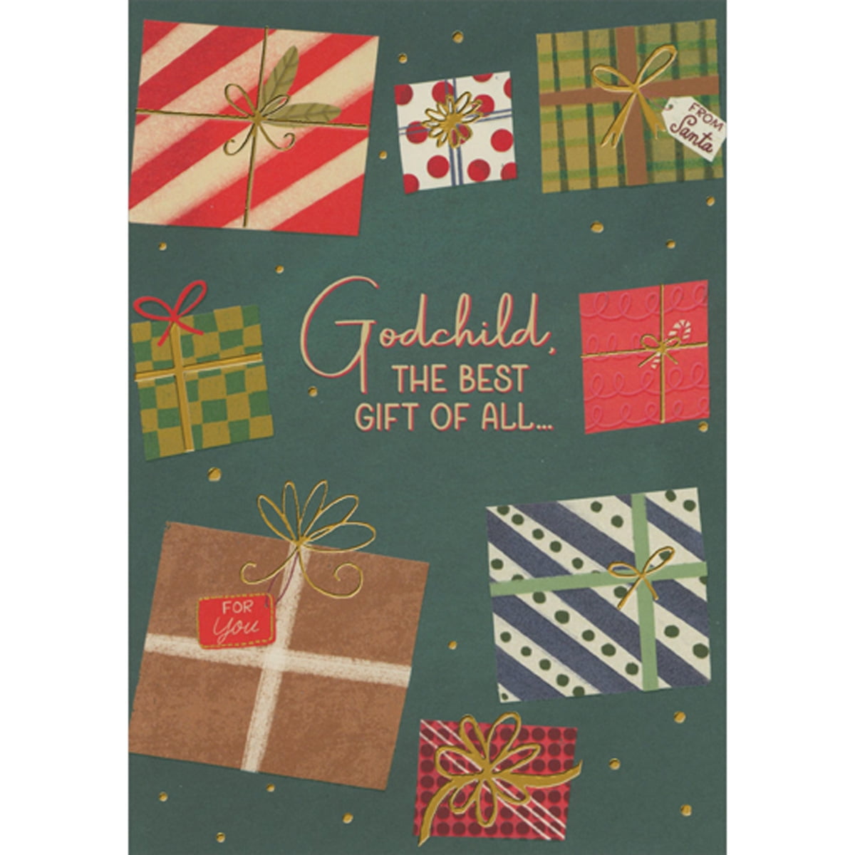 Designer Greetings Eight Wrapped Gifts on Green and Gold Polka Dot Background Christmas Card for Godchild