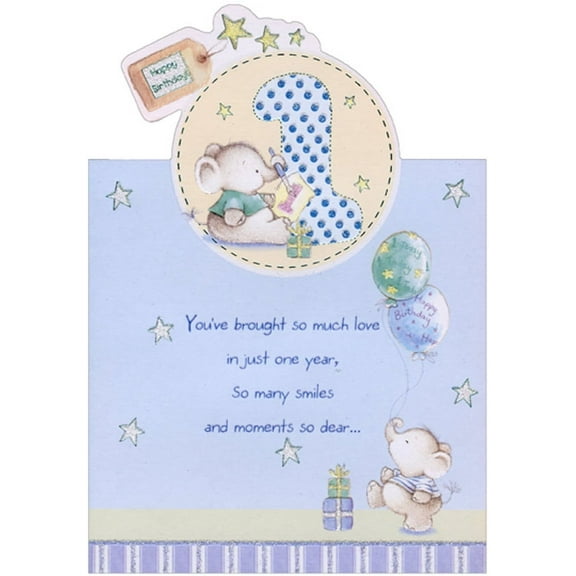Designer Greetings Elephants with Paint Brush and Balloons Die Cut Age 1 / 1st Birthday Card for Boy