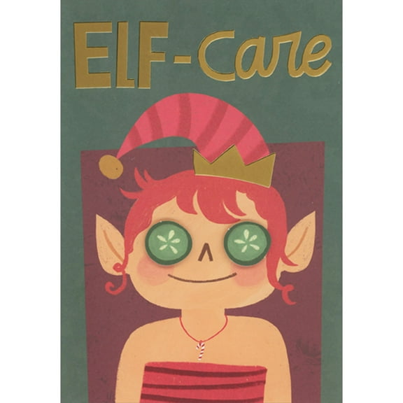Designer Greetings Elf-Care: Relaxing Elf with 3D Cucumbers on Eyes Funny Hand Decorated Christmas Card for Mom