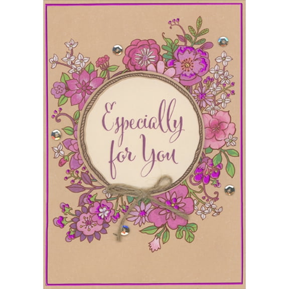 Designer Greetings Especially for You 3D Die Cut Circular Banner with Brown String Bow Over Pink Foil and Purple Florals Hand Decorated Mother's Day Card