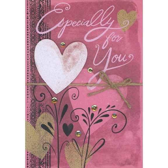 Designer Greetings Especially for You: Die Cut 3D Heart, Brown String, Sequins Over Pink and Gold Hearts Hand Decorated Valentine's Day Card