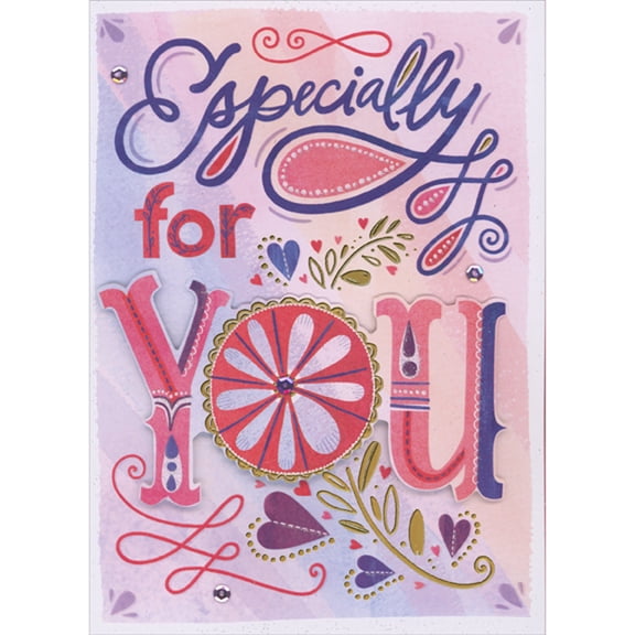 Designer Greetings Especially for You: Die Cut 3D Letters, Purple Sequins on Pink and Purple Background Hand Decorated Valentine's Day Card