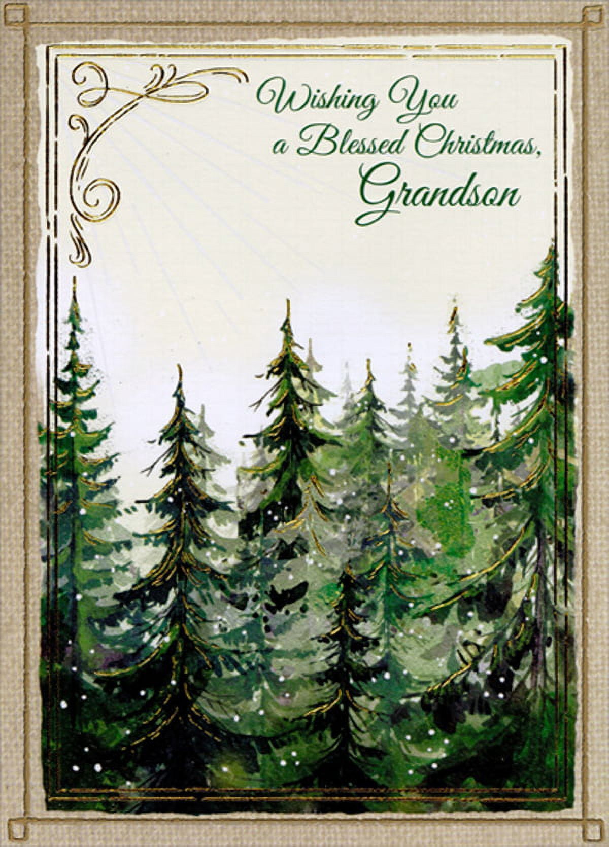 Designer Greetings Christmas Card For Grandson - Toy Train & Gold Foil Evergreen Branches, 5.25x7.5 Inches