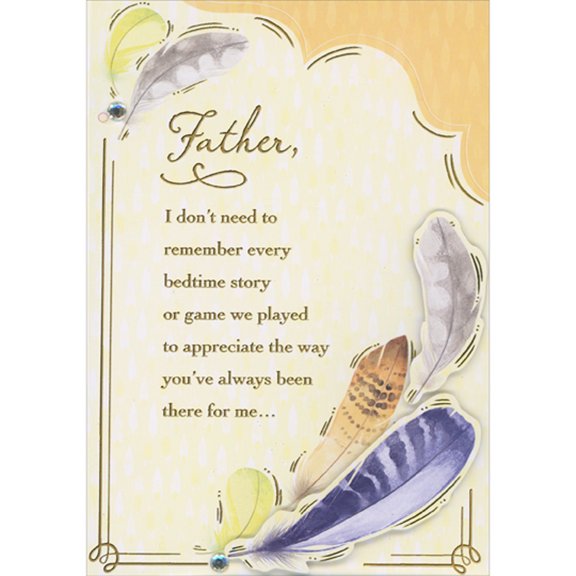 Designer Greetings Every Bedtime Story: White and Purple 3D Feathers and Gems on Yellow Hand Decorated Father's Day Card for Father from Daughter