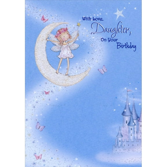 Designer Greetings Fairy Standing on Crescent Moon Over Castle Birthday Card for Daughter