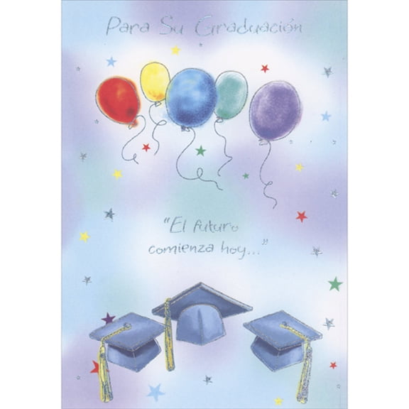 Designer Greetings Five Balloons Floating Above 3 Silver Accented Grad Caps Spanish Language Graduation Card
