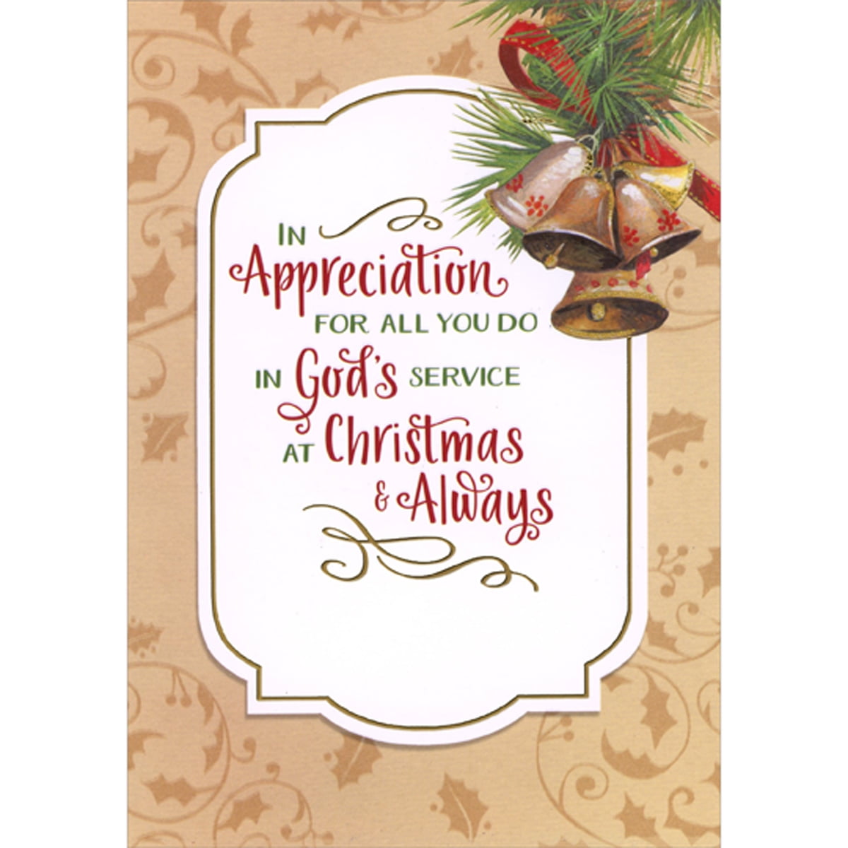 Designer Greetings Christmas Card - Five Bells With Red Ribbon For Someone In God's Service
