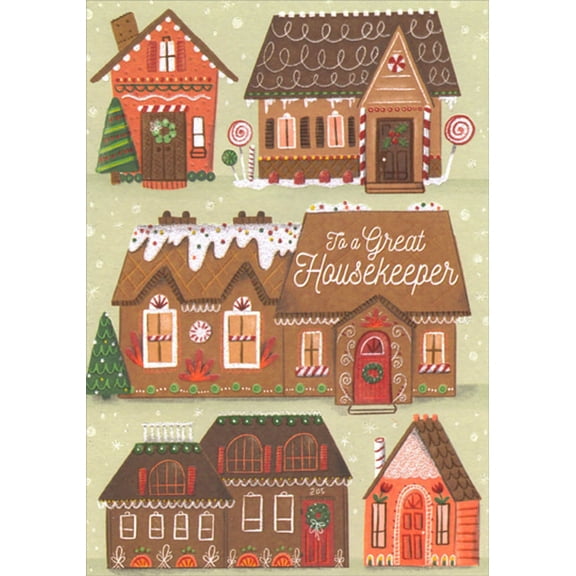 Designer Greetings Five Brown Houses with Candy Decorations Housekeeper Christmas Card