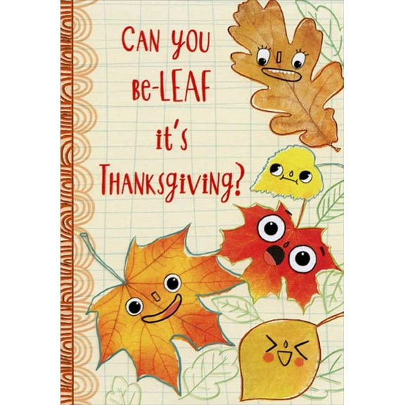Designer Greetings Five Cute Leaves with Silly Faces Juvenile Thanksgiving Card for Kid : Child