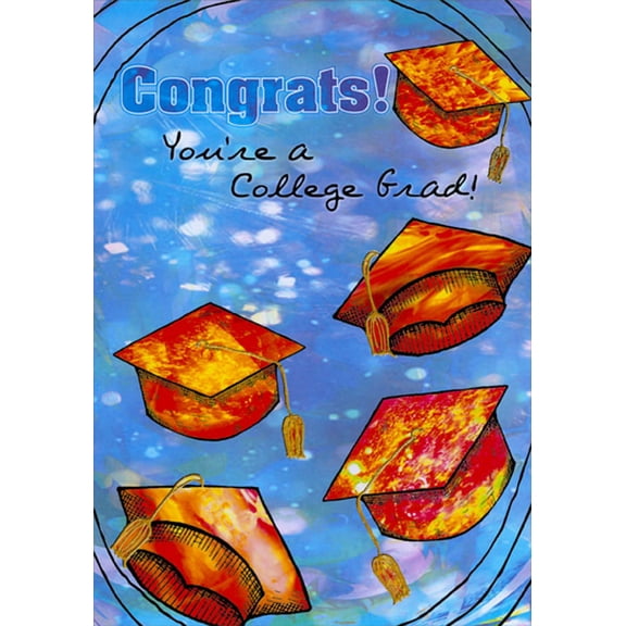 Designer Greetings Five Red, Orange, and Yellow Grad Caps on Blue College Graduation Congratulations Card