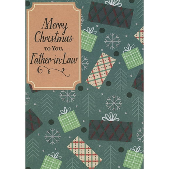 Designer Greetings Floating Gifts, Silver Foil Snowflakes and Pine Branches on Green Christmas Card for Father-in-Law