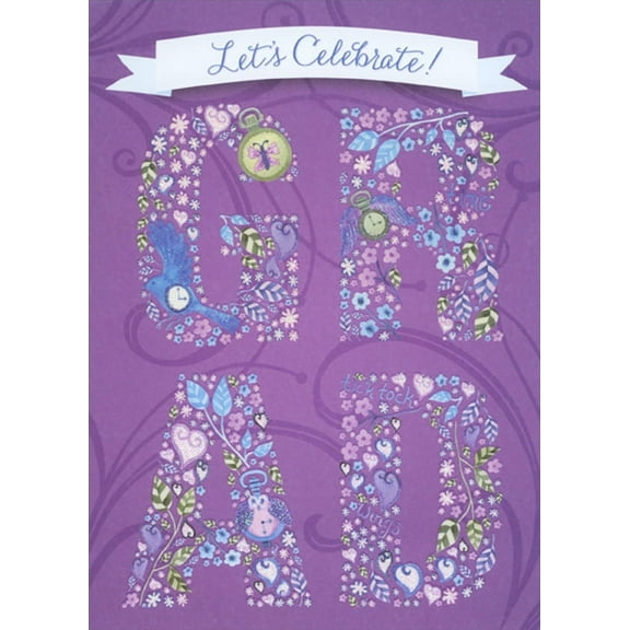 Designer Greetings Floral G R A D Letters on Purple Graduation Congratulations Card for Teen / Teenage Girl