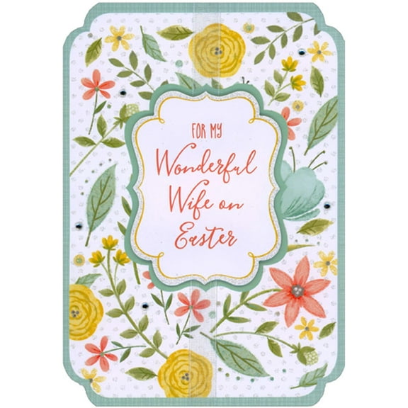 Designer Greetings Flower and Vines on White, 3D Tip On Banner, White Ribbon, Gems Hand Decorated Premier Collection Religious Easter Card for Wife