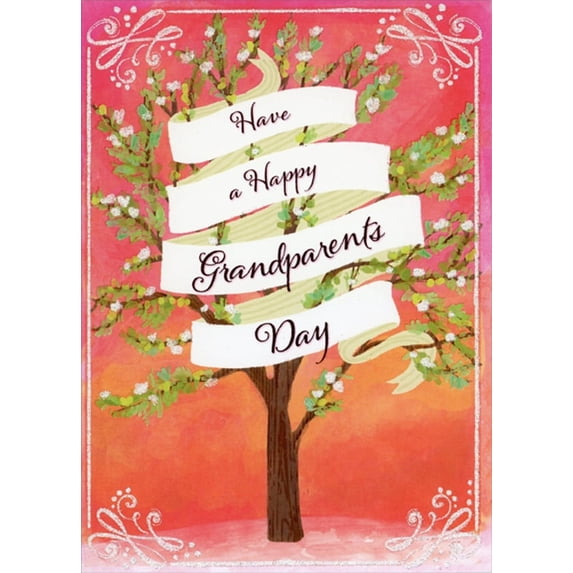 Designer Greetings Flowering Tree with Long White Ribbon in Branches Grandparent's Day Card