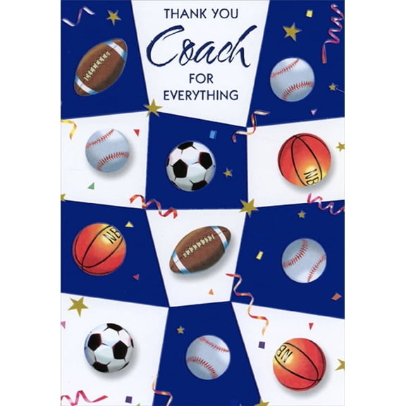 Designer Greetings Football, Baseball, Soccer Ball, Basketball on Blue and White Shapes Coach Appreciation / Thank You Card