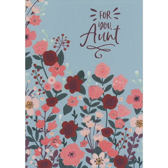 Designer Greetings For You Aunt: Pink, Red and Sparkling Flowers on Light Blue Background Religious Mother's Day Card