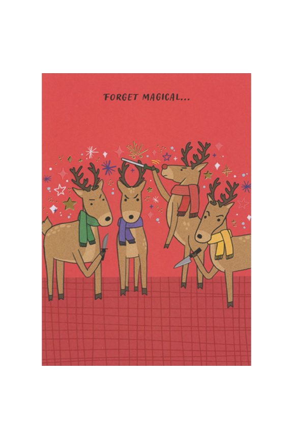 Forget Magical: Four Menacing Reindeer with Knives Rude Humorous / Funny Christmas Card