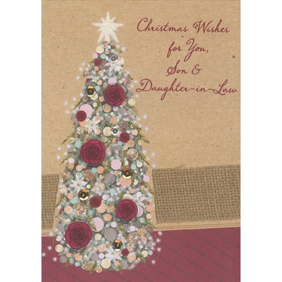 Designer Greetings Four 3D Die Cut Red Flowers on Tall Tree, Sequins and Foil Branches Over Wide Brown Ribbon Hand Decorated Christmas Card for Son and Daughter-in-Law