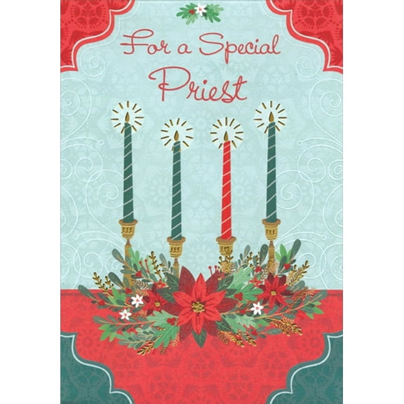 Designer Greetings Four Green and Red Candles : Red, White and Green Floral Religious Christmas Card for Priest