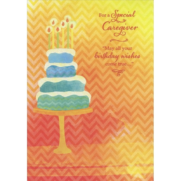 Designer Greetings Four Tiered Cake on Orange Chevron Pattern Birthday Card for Caregiver