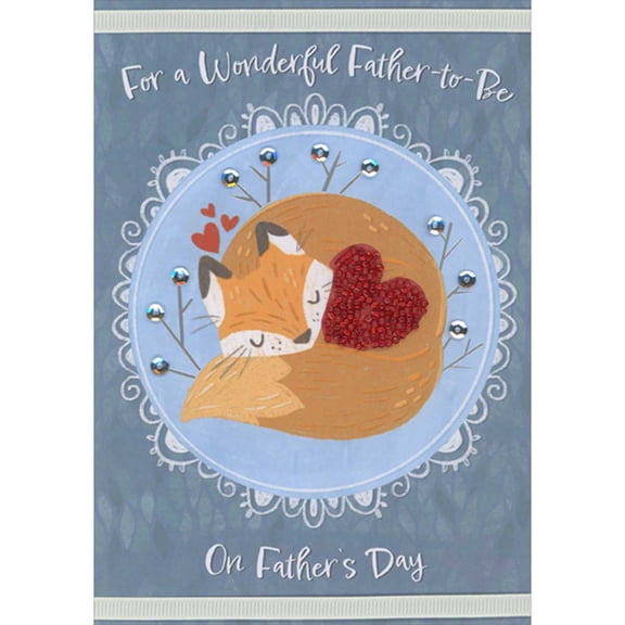Designer Greetings Fox Cuddling with 3D Beaded Red Heart Inside Circular Frame Hand Decorated Father's Day Card for Father-to-Be