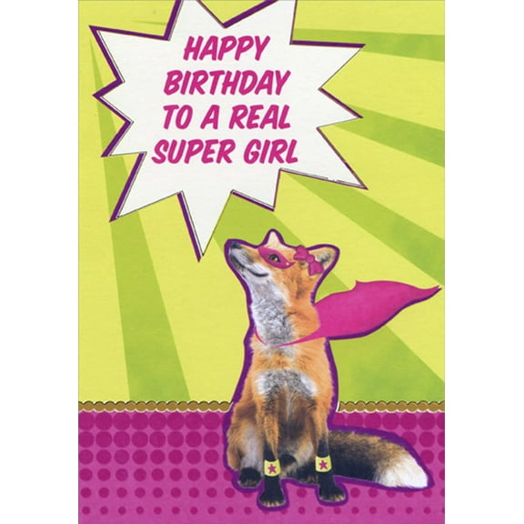 Designer Greetings Fox Super Girl Juvenile : Kids Birthday Card with Super Hero Cut Outs for Young Girl
