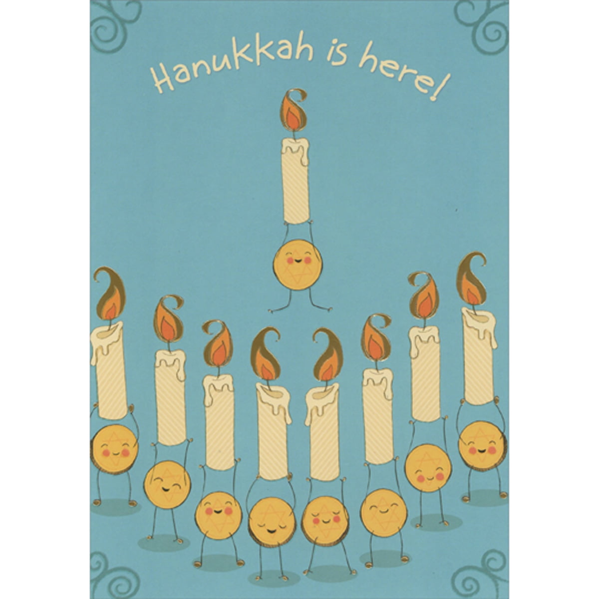 Designer Greetings Gelt Holding Up Nine Candles with Orange Foil Flames Juvenile Hanukkah Card for Kid / Child