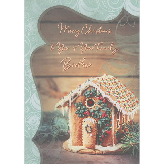 Designer Greetings Gingerbread House, Green Icing Vines, White Icing Icicles Christmas Card for Brother and Family