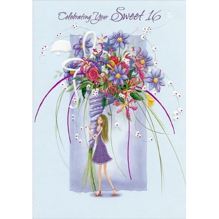 Designer Greetings Girl with Large Purple Floral Bouquet: Sweet 16 Birthday Card