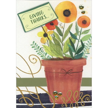 Designer Greetings Giving Thanks 3D Die Cut Sign in Flower Pot, Green Ribbon and Sequins Hand Decorated Thanksgiving Card