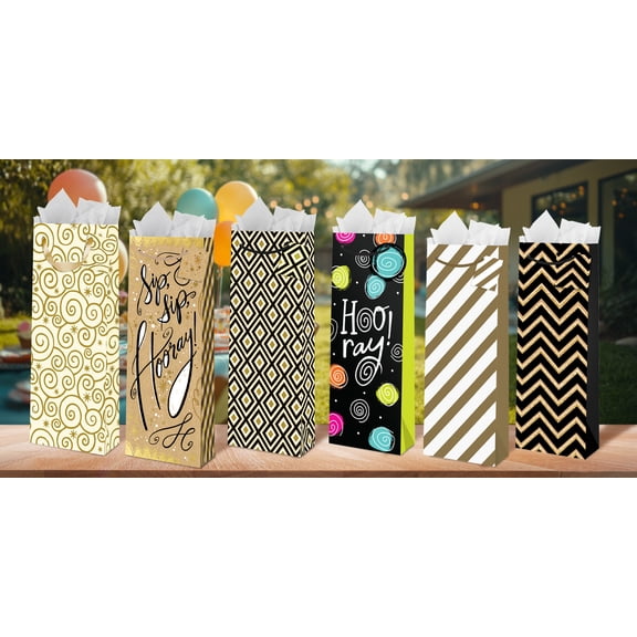 Designer Greetings Glitterwrap™ 6-Pack 13” Bottle Bag Set, Sip, Sip, Hooray! (6 Assorted Designs with Matching Hang Tags) – Fits Standard Wine & Champagne Bottles